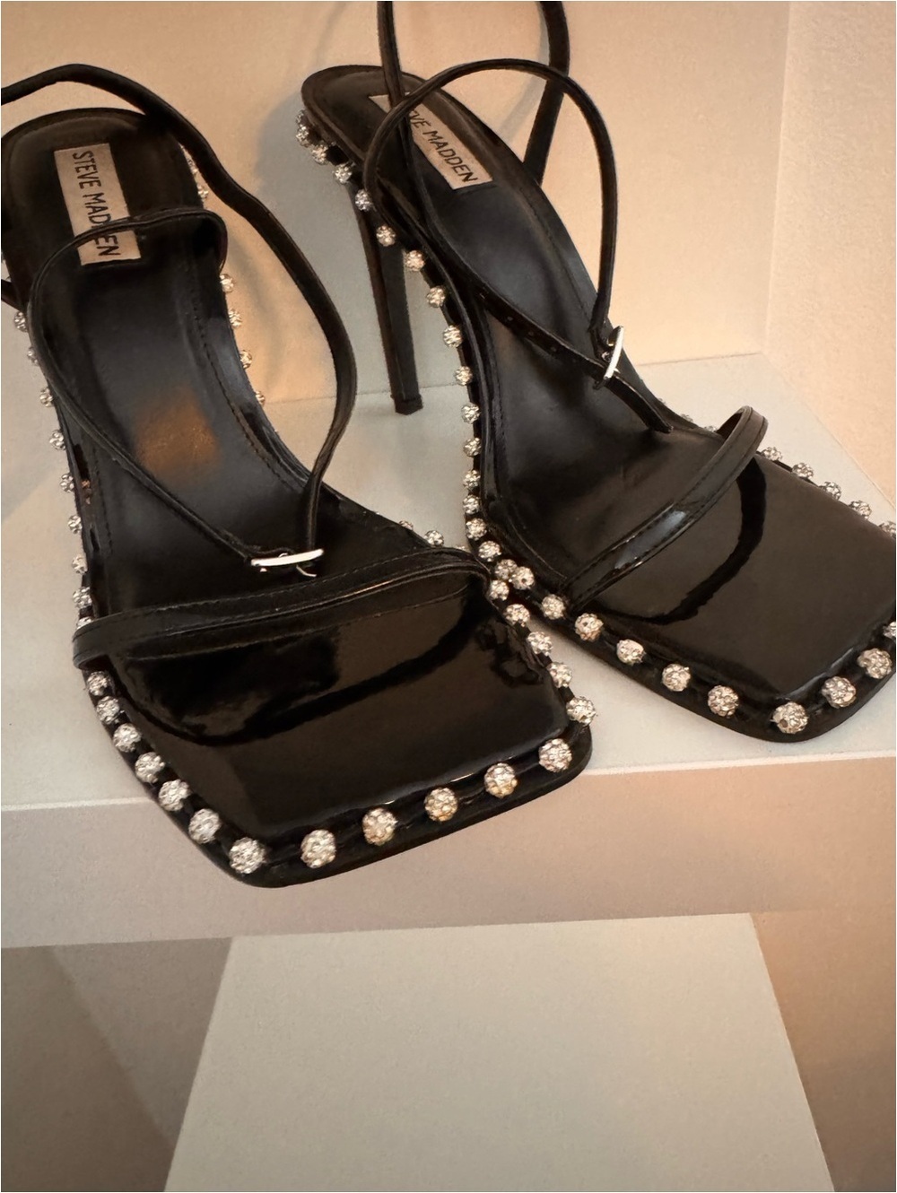 Steve Madden Black Patent Crystal-Embellished Slingback Heels - Picture 3 of 9